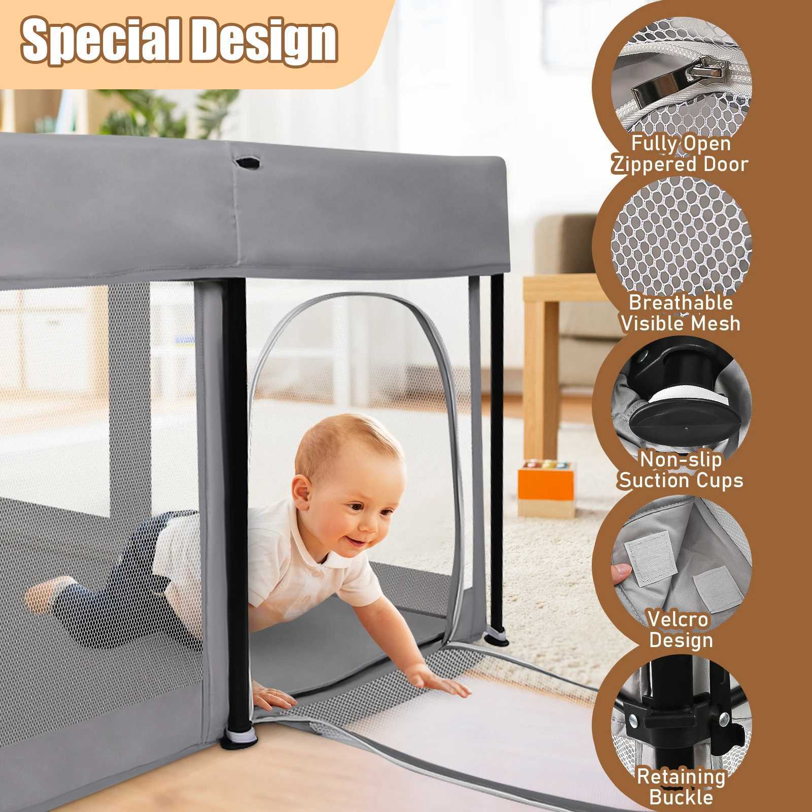 Foldable Baby Playpen with Mat 50 x 50 Inch Portable Sturdy Safe Baby Fence with Visible Breathable Mesh Zipper Door Storag C250929