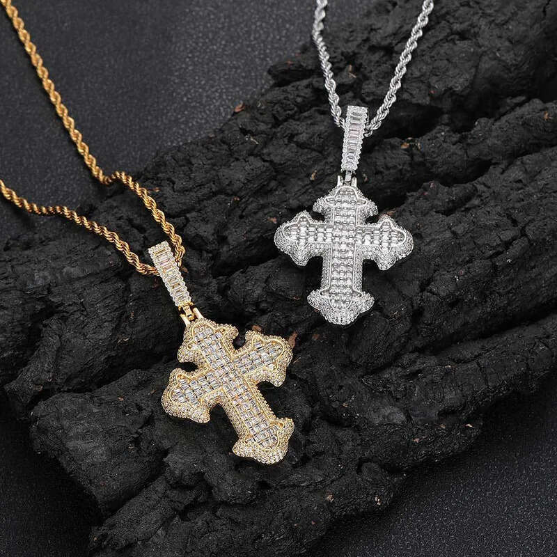 Hip Hop Fashion Charm Cross Pendant Necklace Zircon Crystal Real Gold Plated Women Men Religion Jewelry Gifts