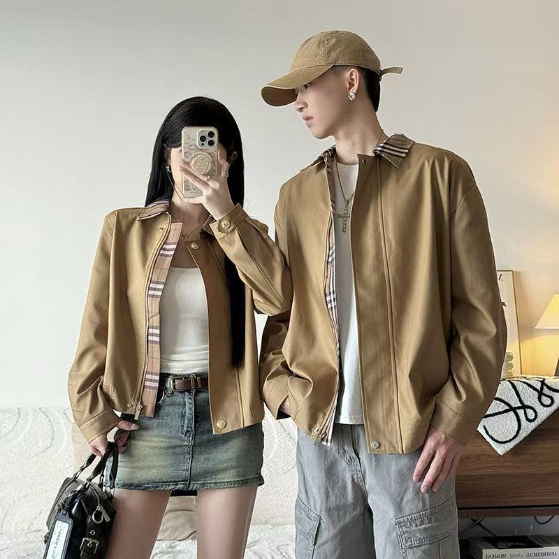 Vintage khaki check spliced coat Trench coat short coat Fall 2025 new jacket top Couple style fashionable short coat for both men and women