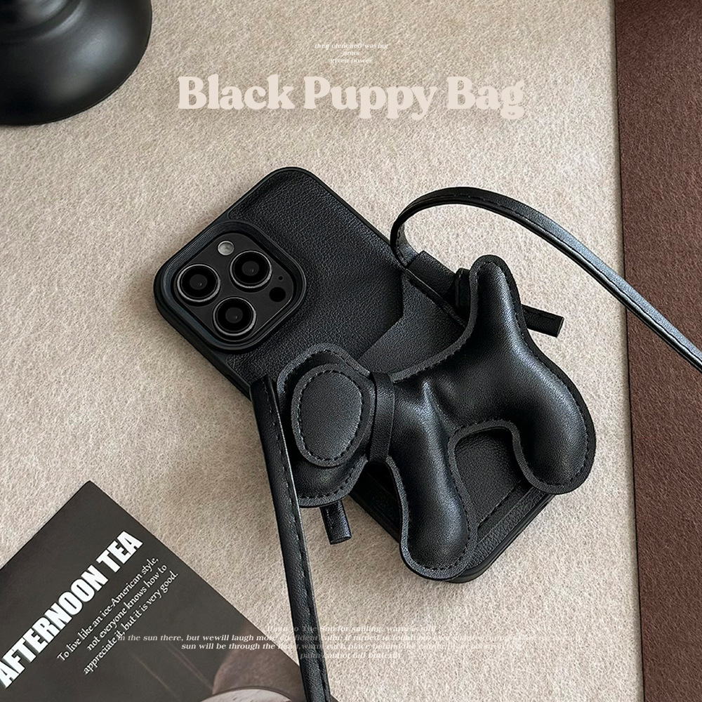 Luxury Korean Crossbody Lanyard Necklace Dog Puppy Card Holder Black Case for IPhone 17 16 15 14 13 12 Pro Max Shockproof Cover
