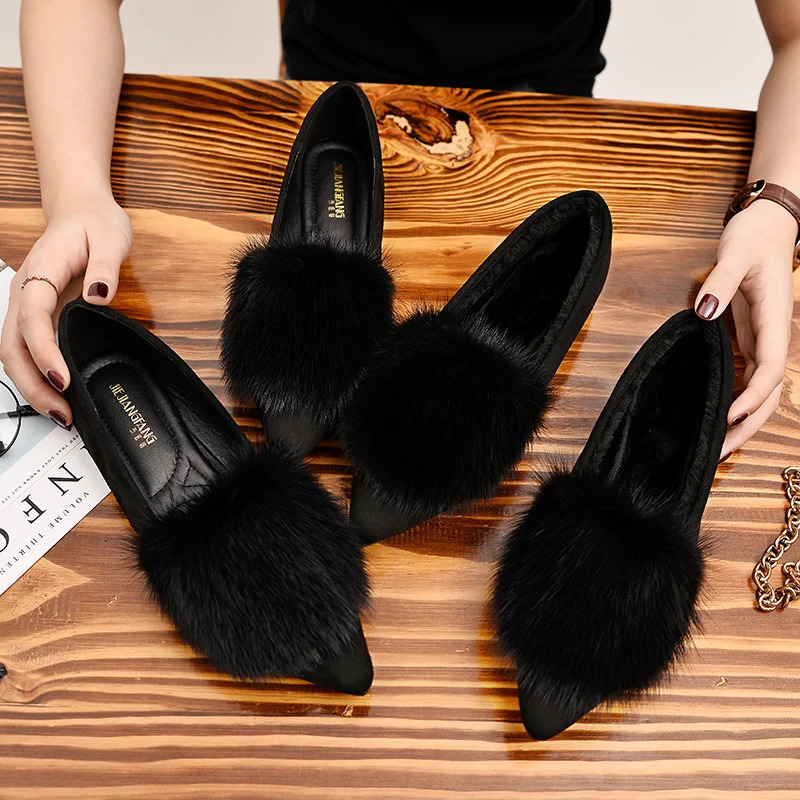 winter mink fur shoes woman pointy cozy plush flats furry moccasins women ballet flats flock mules slip on cotton shoes 250930