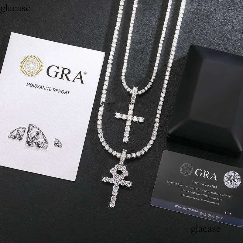 Pass Tester Sterling Sier VVS Moissanite Dia Ankh Cross Pendant 4mm Tennis Chain Necklace Jewelry Set 3e