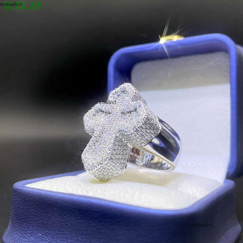 Custom Men's Jewelry: Iced-Out Moissanite Sterling Sier Cross Ring Featuring Shimmering Gemstones 7e