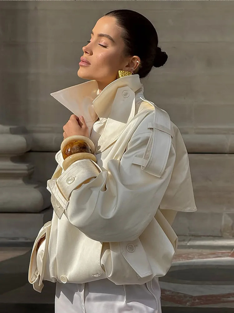 Elegant Cropped Trench Coats Womens 2025 Lace Up Lapel Vneck Windbreaker Jackets Autumn Street Casual Office Lady Outerwears 250929