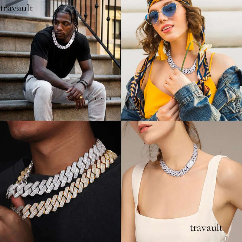 Cuban Link Chain Designer For Men 20MM W 3 Row Bling Dia Necklace Prong Bracelet Rapper Hip Hop Thicker Gold Plated Jewelry Woman Christmas Gift