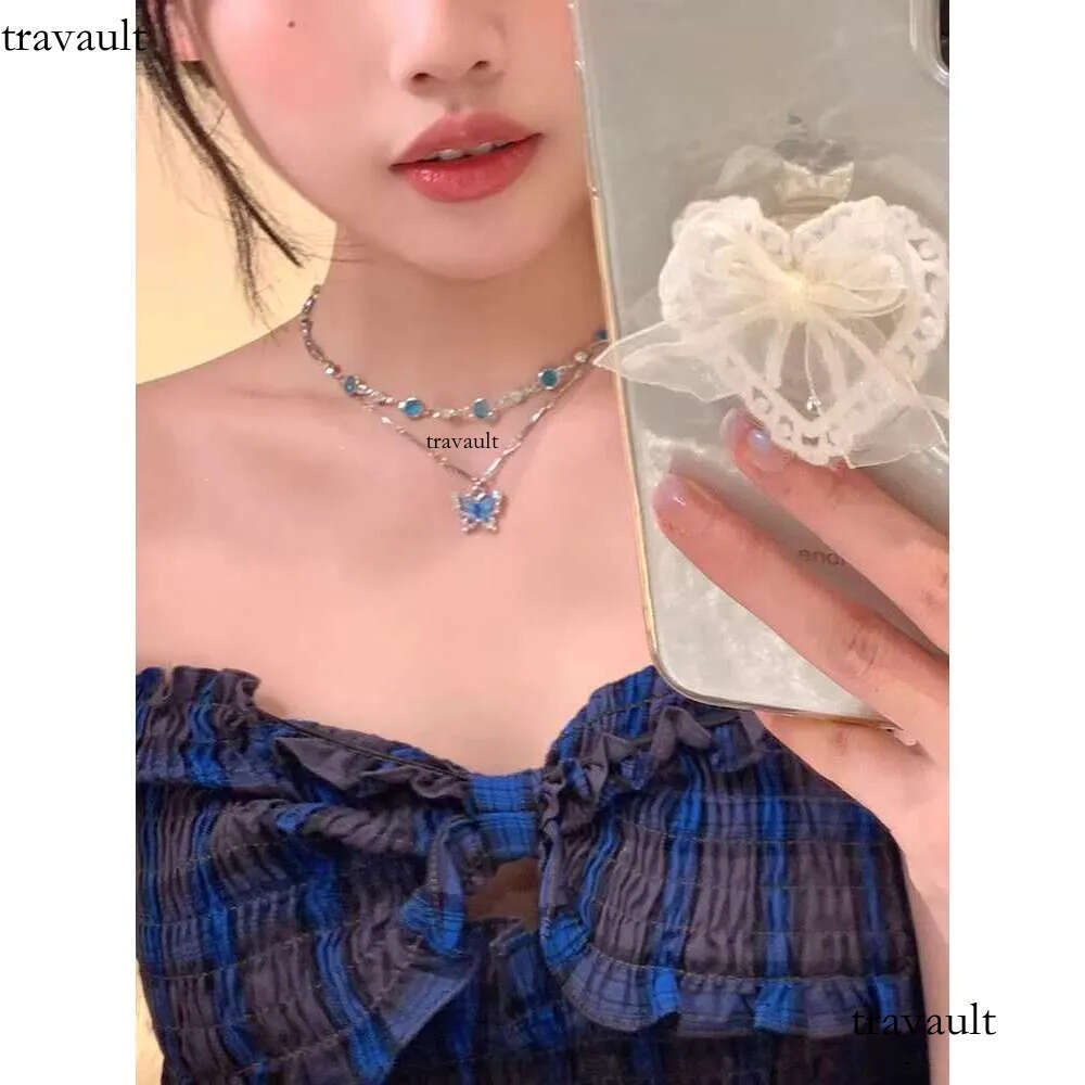 DHCollections Double Layer Wear Blue butterfly Zircon Necklace Light High Sense Clavicle Chain Fashion Design Niche Accessories