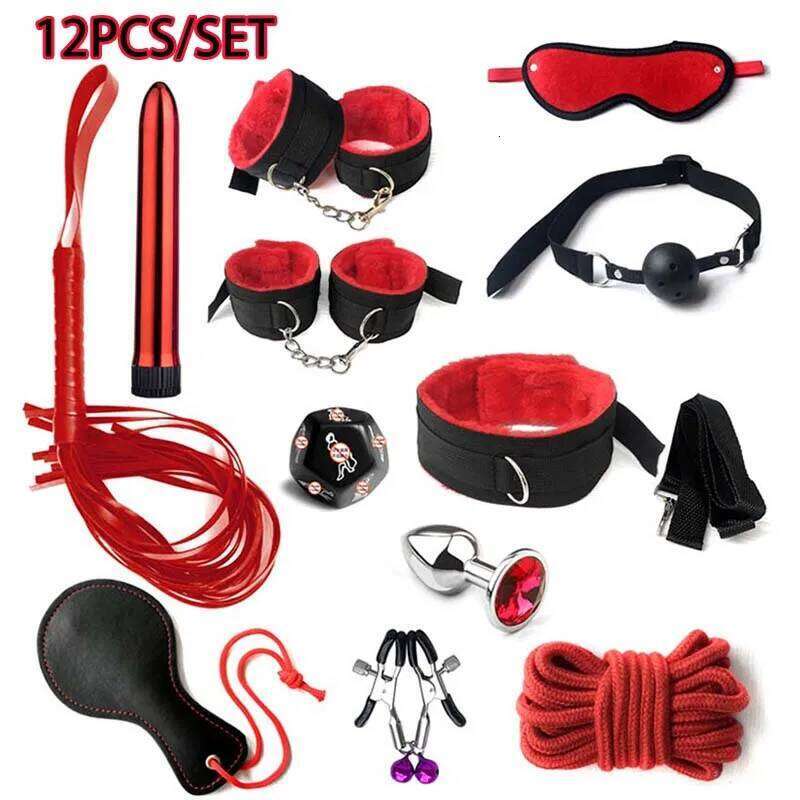 BDSM Kits Bondage Set Handcuffs Gag Whip Nipple Clamps Erotic Toys for Women Couples Adult Sex Shop Anal Butt Plug Tail 666