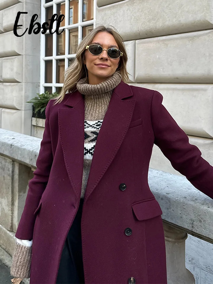 Wine Red Woolen Coats With Scarf Women Elegant Full Sleeve Double Breasted Long Overcoat 2025 Autumn Winter Lady Streetwear 251029