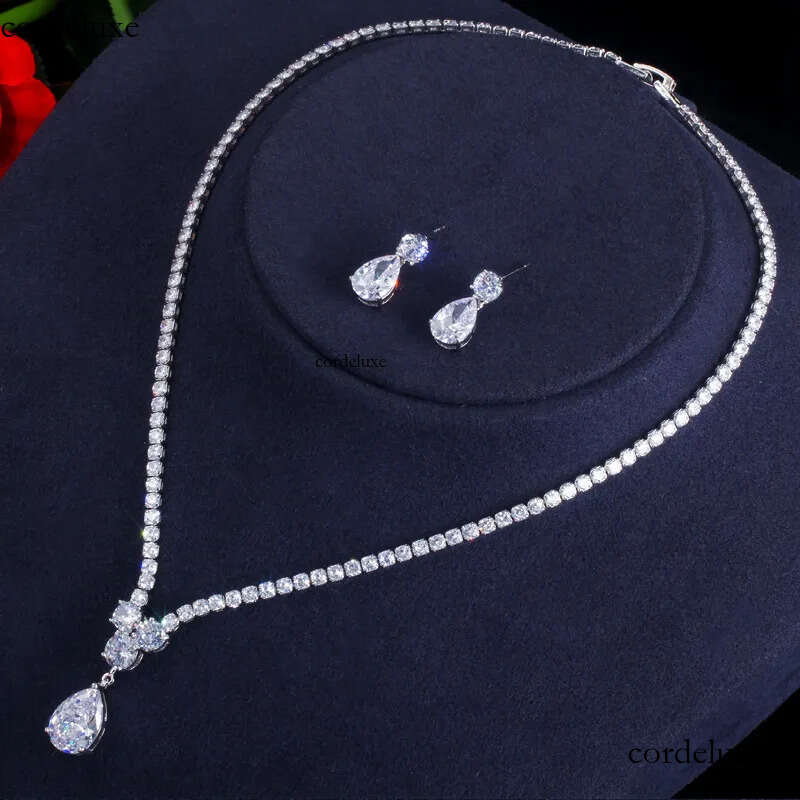 Choucong Original Wedding Jewelry Sets White Gold Fill Water Drop 5A Cubic Zircon CZ Dia Party Women Stud Earrings Bridal Tennis Necklace Gift a0