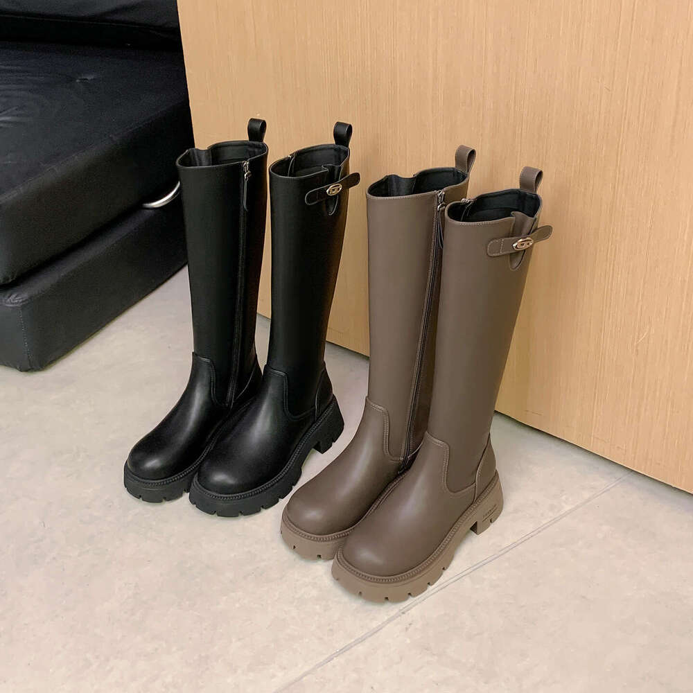 Shoes British Belt Buckle High Tube Knight Petite Thick Sole with Fleece Lining Chunky Heel Long Boots for Women Trendy