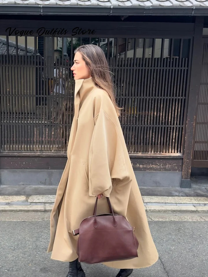 Chic Stand Collar Long Woolen Coat Women Puff Sleeve Single Breasted Loose Warm Overcoat 2025 Autumn Winter Lady Outwear 251030