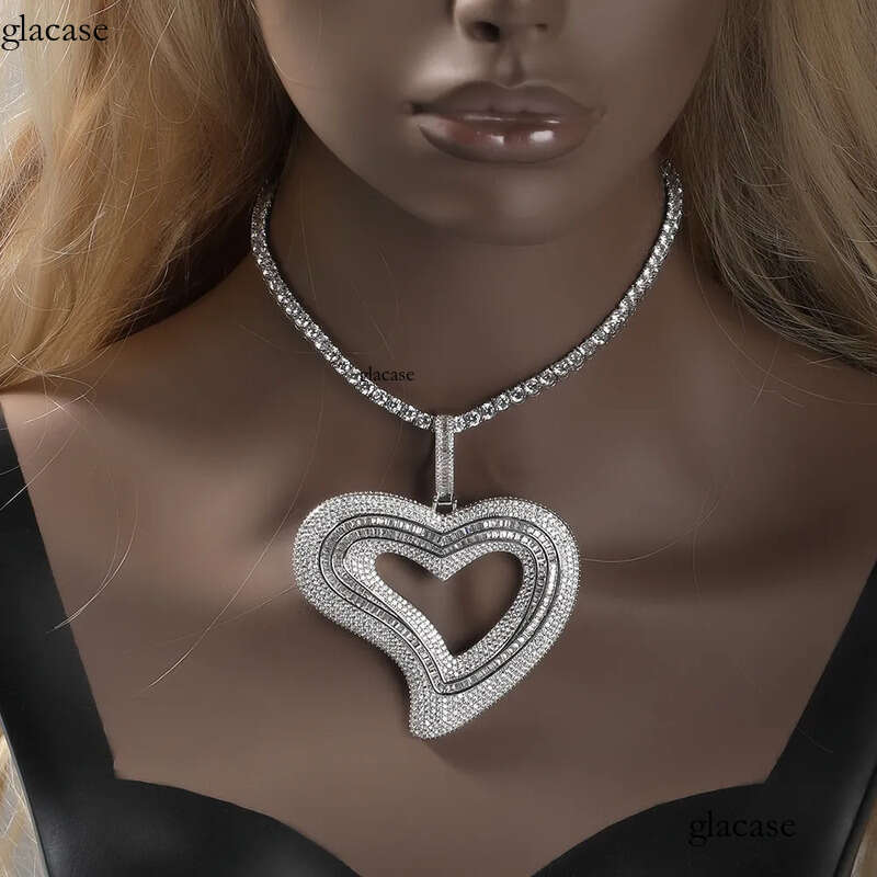 Iced Out Heart Necklace Rose Gold Sier Plated Big Pendant Mens Hip Hop Necklaces Jewelry 24