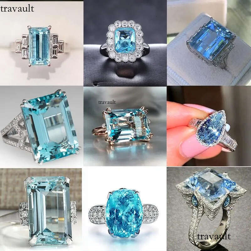 Wholesale Bulk Aquamarine Cluster Rings Sier Wedding Engagement For Women Huge Sky Blue Cubic Zircon Prong Setting Valentine's Gift