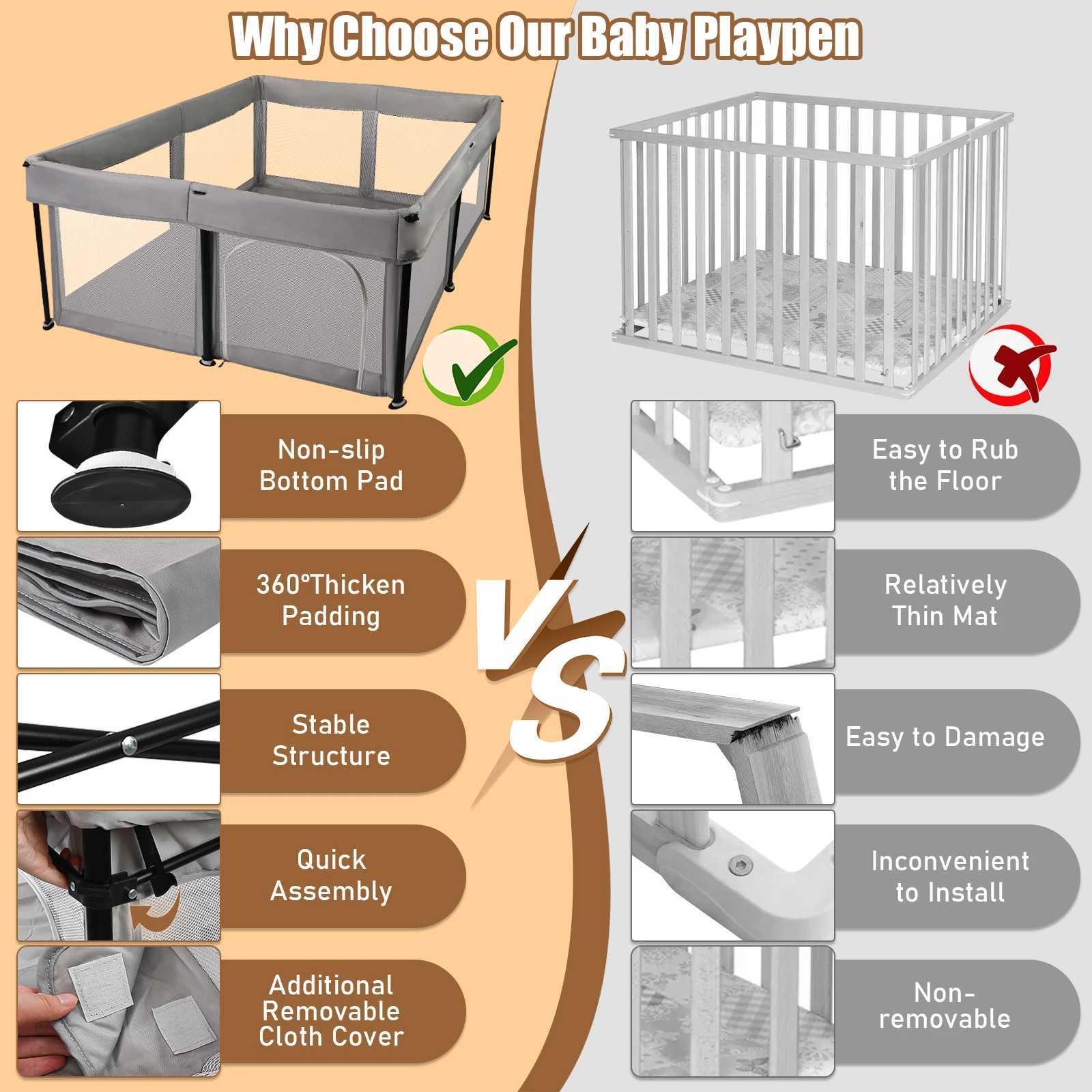 Foldable Baby Playpen with Mat 50 x 50 Inch Portable Sturdy Safe Baby Fence with Visible Breathable Mesh Zipper Door Storag C250929