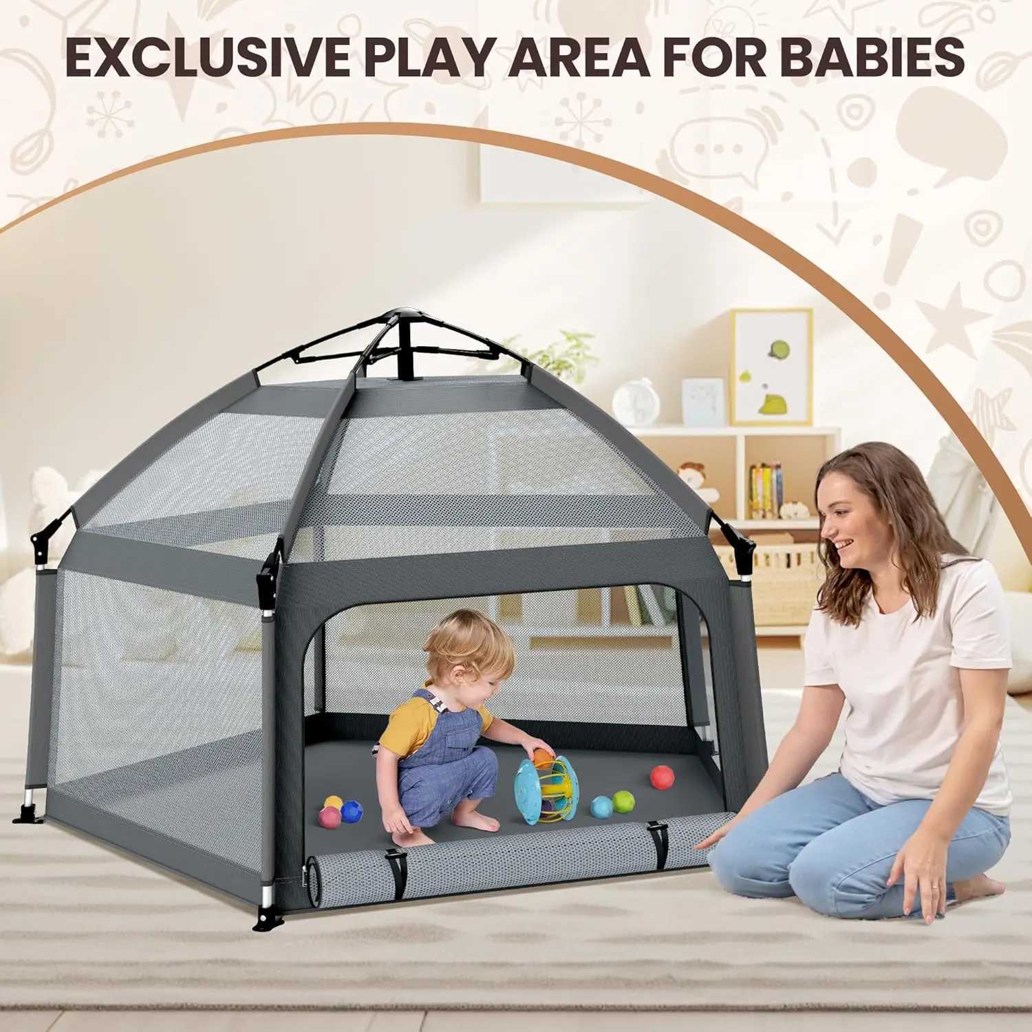 Baby Playpen with SelfInflating Play Mat Travel Bag Portable Outdoor Playpen for Babies and Toddlers Foldable Pop Up Play T C250929