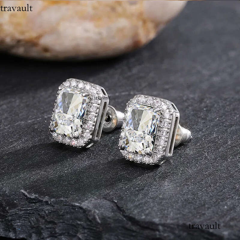 Handmade Sparkling Stud Earrings Jewelry Sterling Sier Princess Cut Emerald Zircon CZ Dia Party Elegant Women Wedding Earring Gift