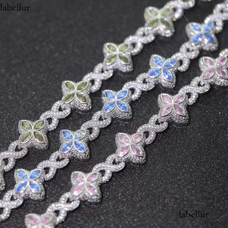 New Style 8mm Hip-Hop Jewelry Colorful Four Leaf Clover Sier Plated Brass 5A Moissanite Cuban Chain Bracelet for Women f0