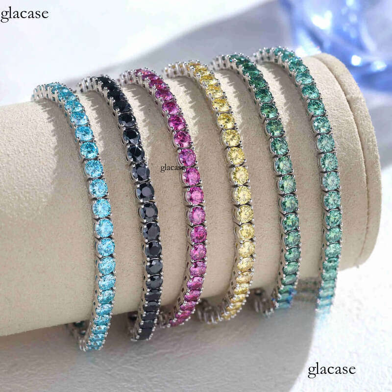 FancyJewelry Hip Hop Sterling Sier VVS Dia 3mm Moissanite Tennis Bracelet Black Blue Blue-Green Yellow Pink 9b