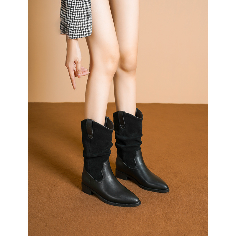 Brown Western Cowboy Boots Women's Fall/Winter 2025 New Pointed Mid-Leg Maillard Knight Stacked Thick-Heeled Booties