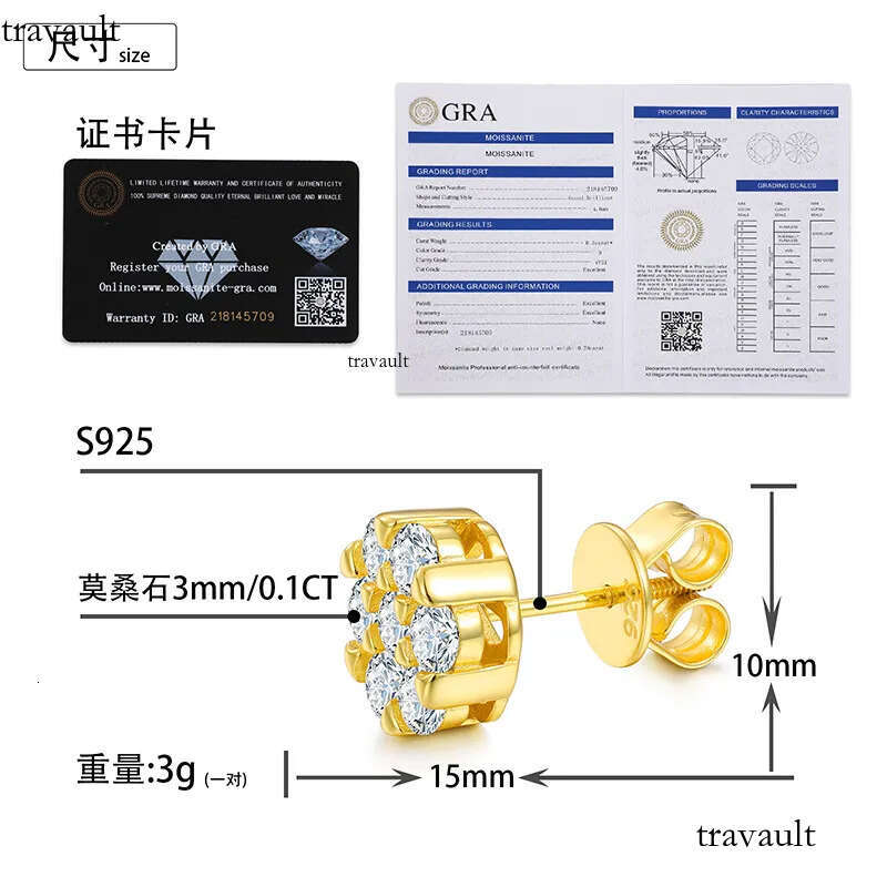 Passed Test Men Women D Color 3mm Moissanite Sterling Sier Gold Plated Bling Dia Studs Earrings Nice Gift02024