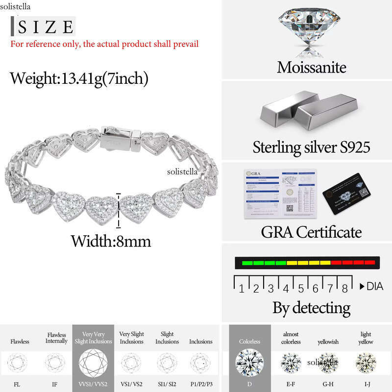 Fashion Femme Gift 8mm Sterling Sier VVS Moissanite Dia Iced Out Three Stone Heart Tennis Bracelet for Valentine Men