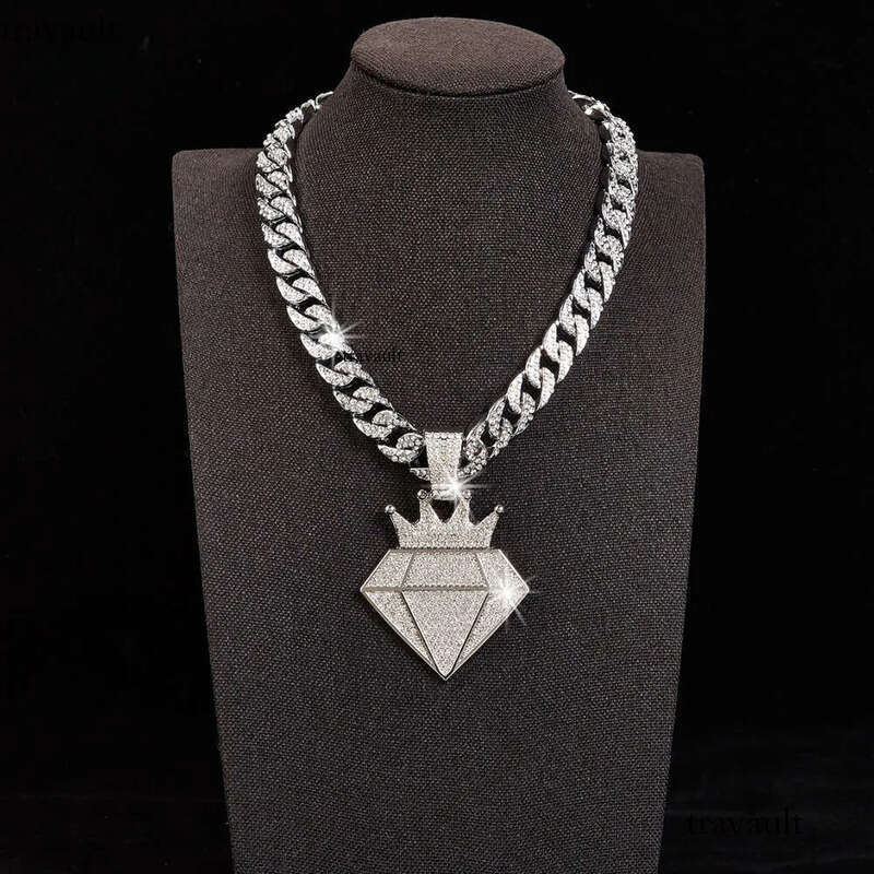 Hip Hop Iced Out Dia Crown Pendant Necklace Men Women with 13mm Bling Cuban Gold Chain Fashion cosplay Jewelry Gift