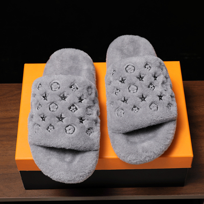 Designer shoes hot free shipping High quality fur integrated slippers new anti slip thick bottom indoor outdoor warm cotton flat slippers white grey b
