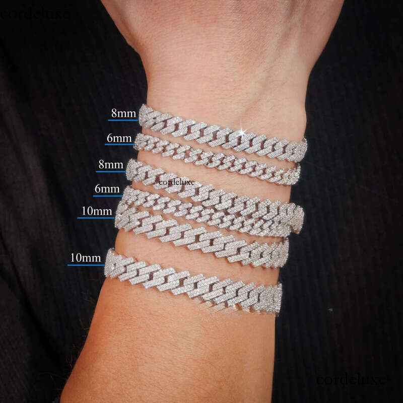 Hot Sale Fine Jewelry Lab Dia S Sterling Sier Rhodium Plated Moissanite Men Cuban Link Bracelet 36