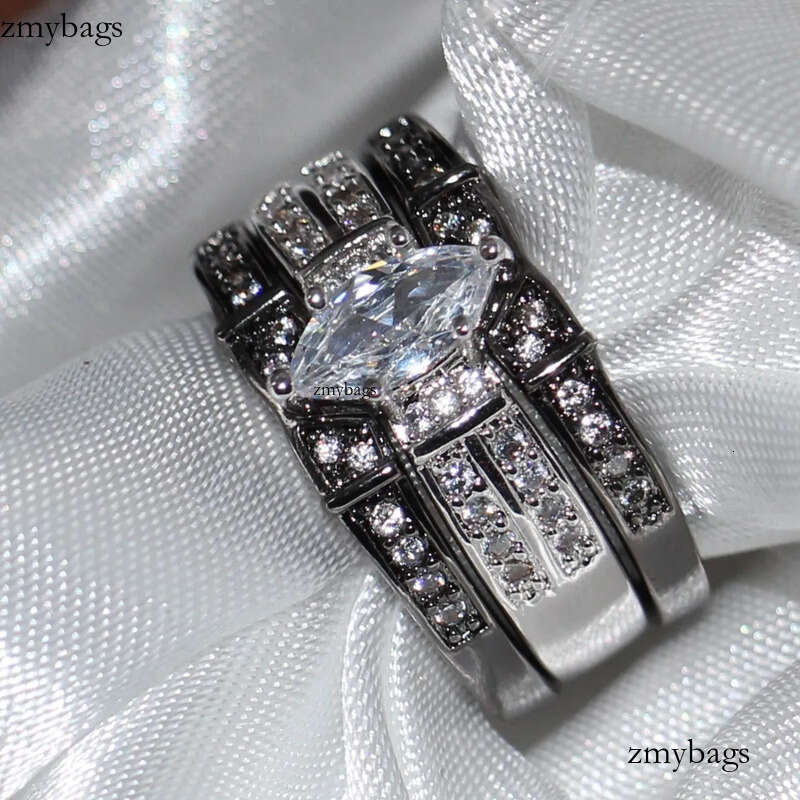 Vintage Fashion Jewelry High Quality 14KT White&Black Gold Filled Marquise CZ Dia Topaz Gemstones 3 IN 1 Wedding Couple Ring Set Gift