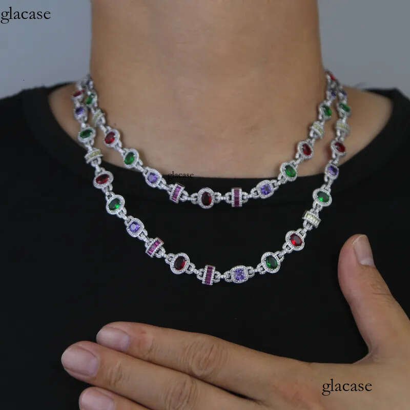 10mm Hip Hop Colorful Gemstone Tennis Necklaces Jewelry Men Women Choker Clavicle Chain 2c