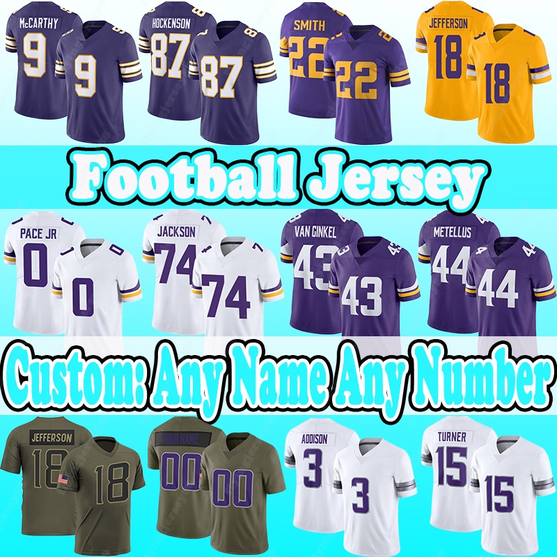 2025 New Football Jersey 44 Josh Metellus 9 JJ McCarthy 18 Justin Jefferson 33 Aaron Jones 71 Christian Darrisaw 3 Addison 7 Byron Murphy Jr 27 Mason 5 Mekhi Blackmon
