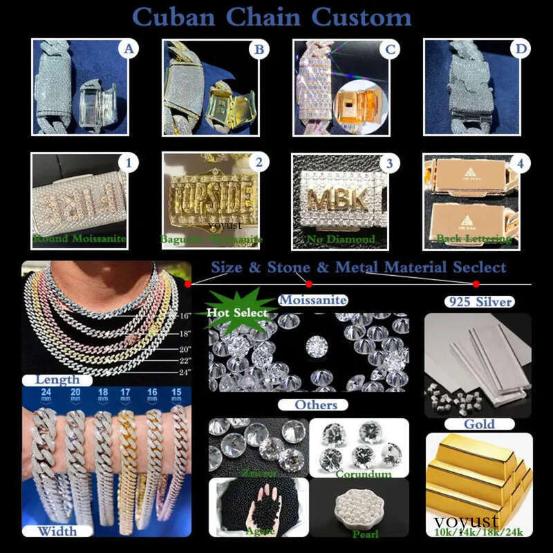 necklace moissanite chain 15mm Hip Hop VVS Dia Baguette Cuban Link Chain Moissanite Sier Jewelry Box
