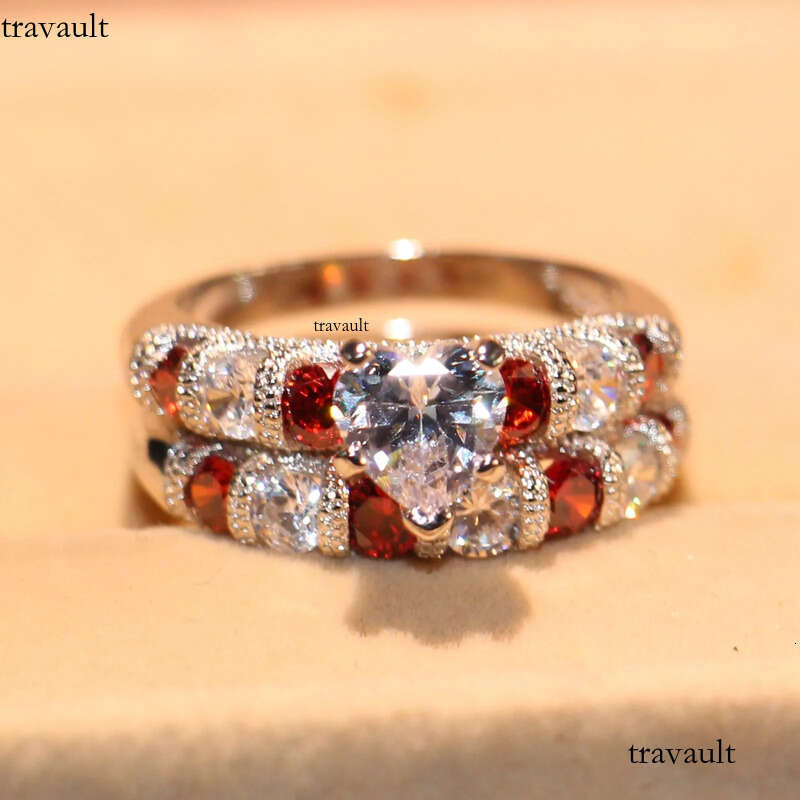 Drop Shipping High Quality Vintage Fashion Jewelry Sterling Sier Pear Cut Topaz&Ruby CZ Gemstones Women Wedding Bridal Heart Ring Set