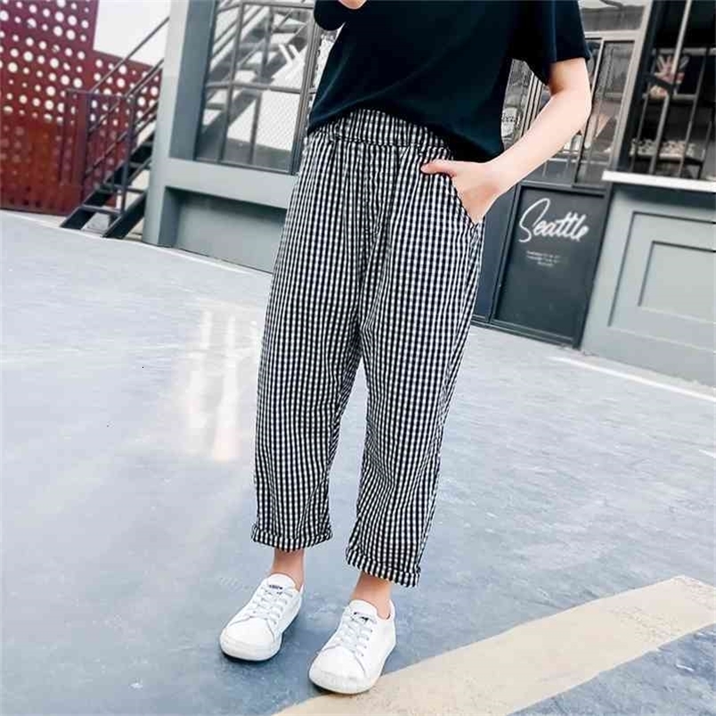 Fashion Big Girls Plaid Pants Korean Cotton Elastic Waist Nine Pant Loose Trousers for Teenage School Girl Children Clothes 210622