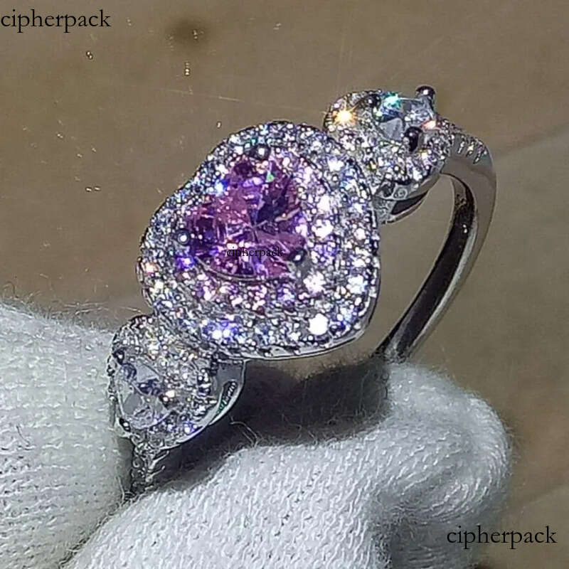 Heart Shape Promise ring 100% Real Soild Sterling sier Jewelry Pink Sapphire CZ Dia Engagement wedding band rings for women men 85