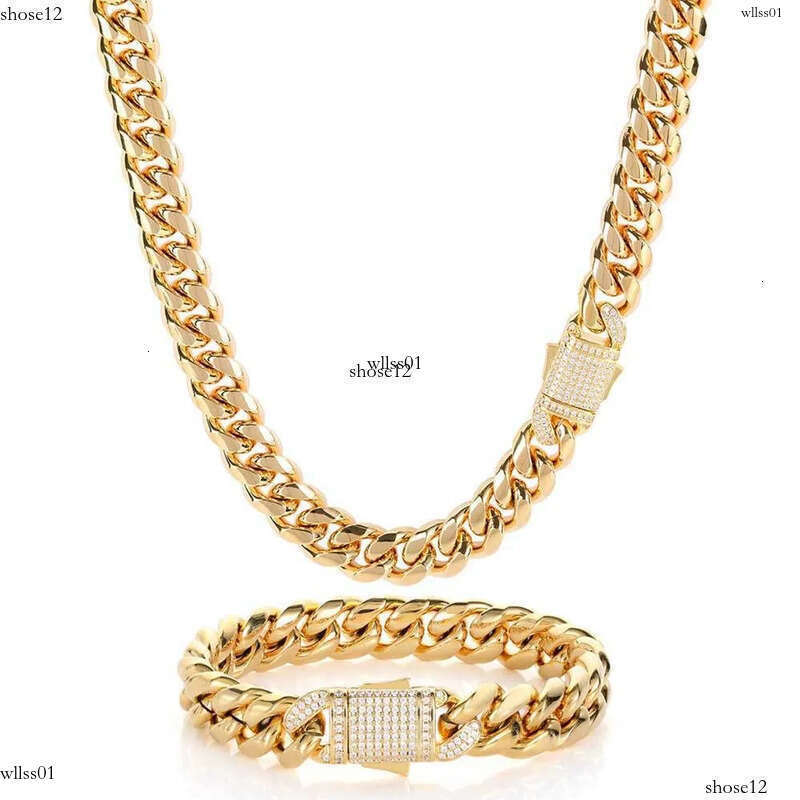 10/12MM Titanium Steel Plated Gold Miami Cuban Link Chain Mens Necklace Inlaid CZ Dia In Spring Buckle Personalized chains Hip Hop Designer Jewelry Gi