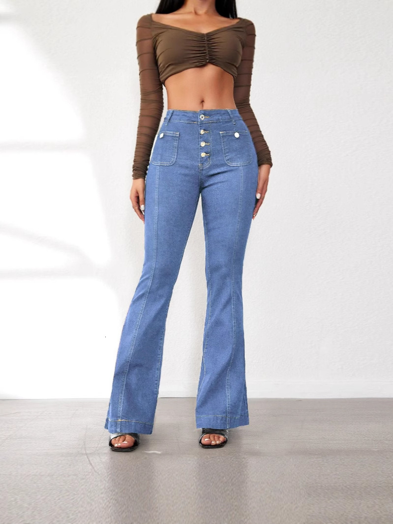 Women's with multi button design, light blue stretch, comfortable and trendy all year round, straight leg jeans for women ddmysept