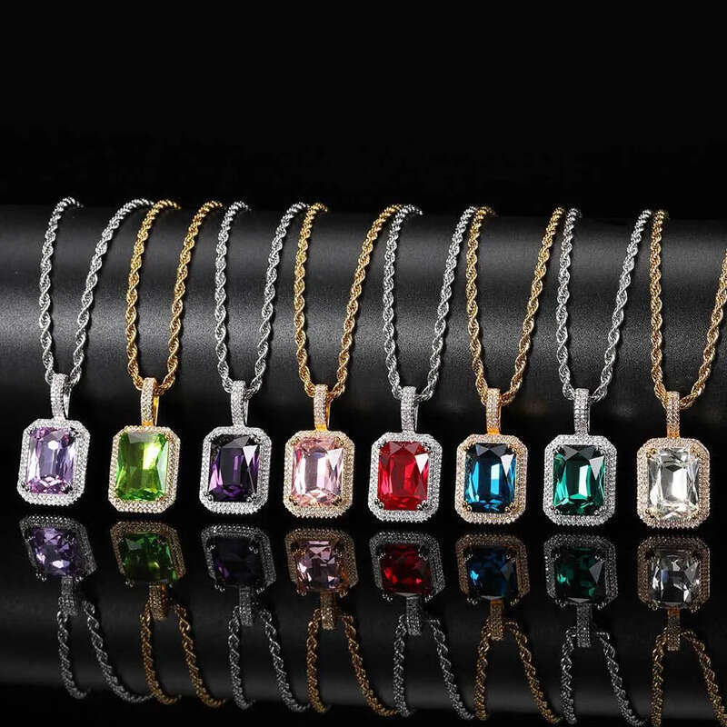 Colorful Square Gemstone Pendants TopBling Full Cubic Zirconia Choker Chain Necklaces for Women Men Hip Hop Jewelry
