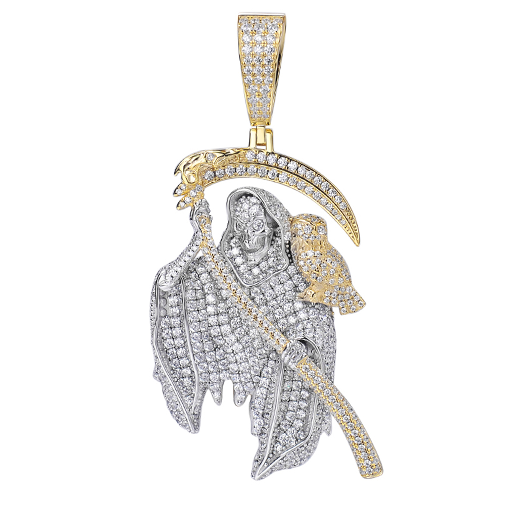 Hiphop 925 Silver Black VVS Moissanite Cz Diamonds Two Tone Plated Santa Muerte Grim Reaper Death Pendant in Mexico