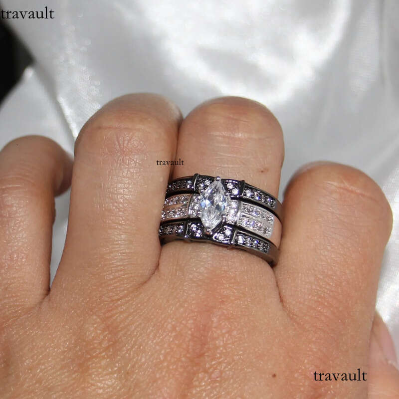 Vintage Fashion Jewelry High Quality 14KT White&Black Gold Filled Marquise CZ Dia Topaz Gemstones 3 IN 1 Wedding Couple Ring Set Gift