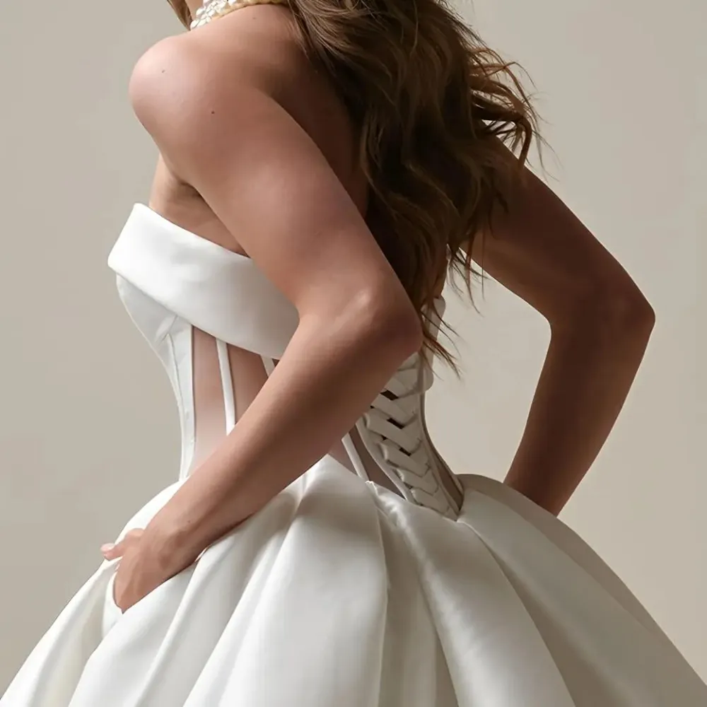 Simple Satin A-Line Wedding Dresses Pleats Strapless Puffy Princess Bride Gown With Pockets Long Sweetheart Corset Formal Dress Lace-Up Back - view 4