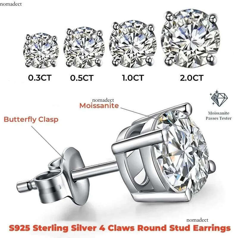 Moissanite Stud Earrings, White Gold Plated Sterg Sier Earring, 0.3-2.0 Carat Lab Created Dia Men Women Jewelry b4