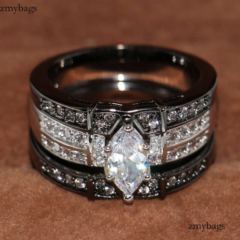 Vintage Fashion Jewelry High Quality 14KT White&Black Gold Filled Marquise CZ Dia Topaz Gemstones 3 IN 1 Wedding Couple Ring Set Gift