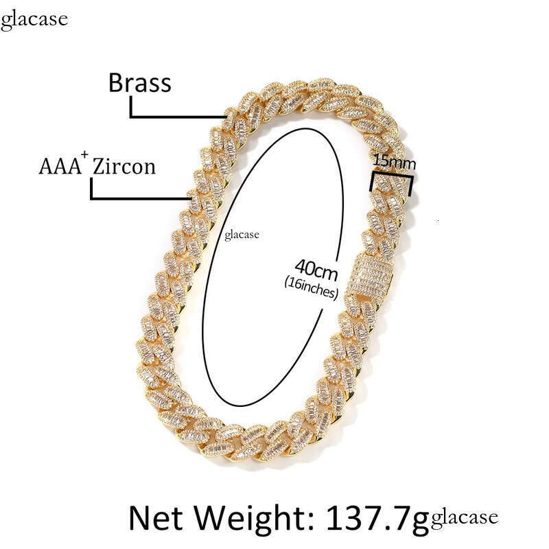 15mm Hip Hop Tennis Real Plated Zircon Mosaic Cuban Link Chain Necklace Bracelet Jewelry Gold Sier Color 3e