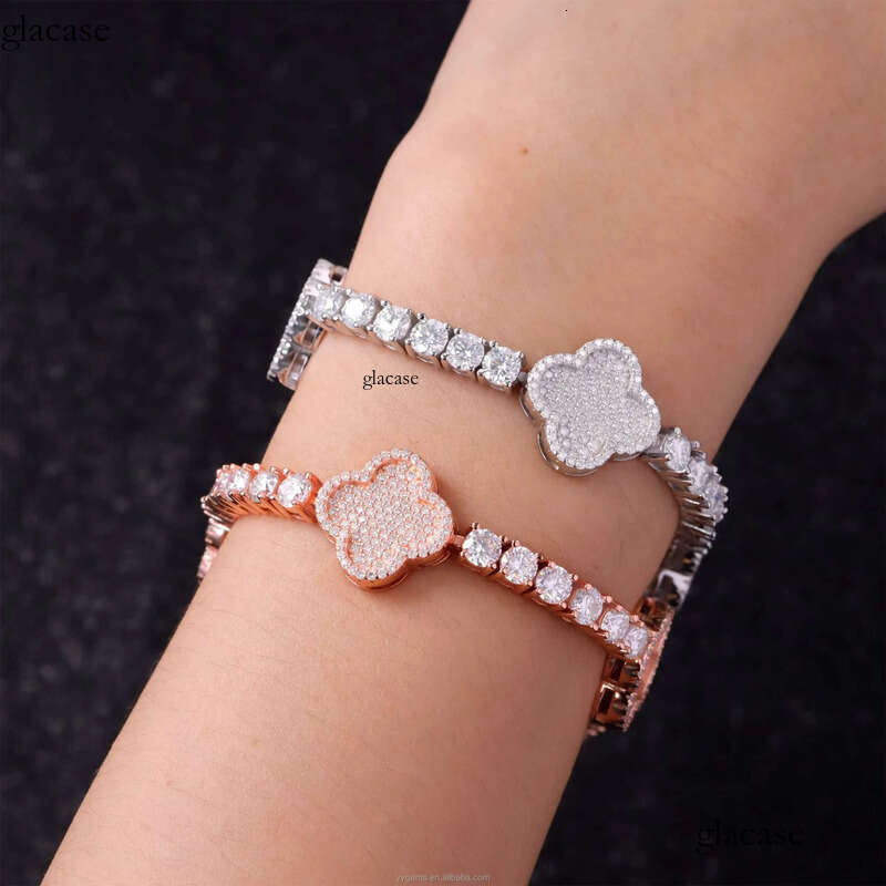 Yu Ying Clover Chain S Sier Gold Plated VVS1 Moissanite Tennis Bracelet Mens Women b7