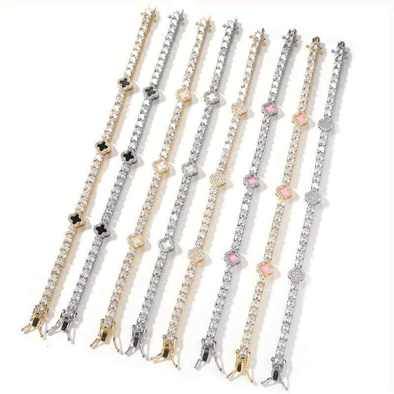 UWIN Trendy Mini Size 4-Leaf Pink Clover Tennis Chain Luxurious Women Men Pearl Ice Bracelet Jewelry