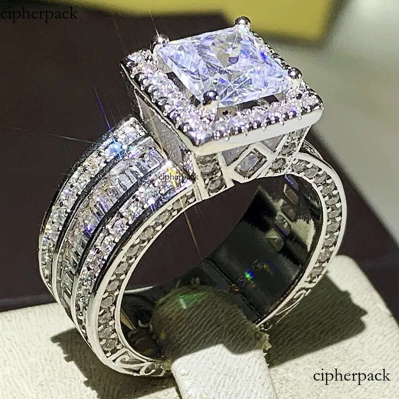 Rulalei Stunning Jewelry Sterling Sier Princess Cut Full White Topaz CZ Dia Promise Women Wedding Band Ring For Lover Gift cc