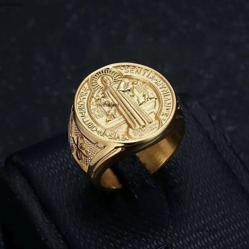 Titanium Steel Catholic Patron Saint St Benedict of Nursia Holy Medal Cross Round Finger Rings for Men Punk Jewelry 64