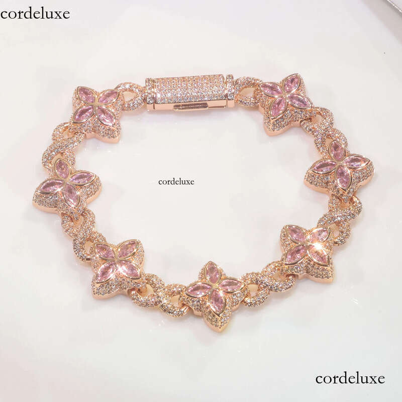 New Style 8mm Hip-Hop Jewelry Colorful Four Leaf Clover Sier Plated Brass 5A Moissanite Cuban Chain Bracelet for Women 14