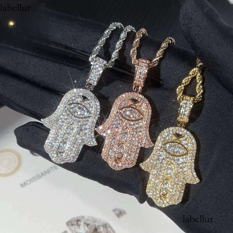 Ready to Ship Hip Hop Jewelry Hamsa Iced Out Sterling Sier Moissanite Pendant With Rope Chain for Men 53